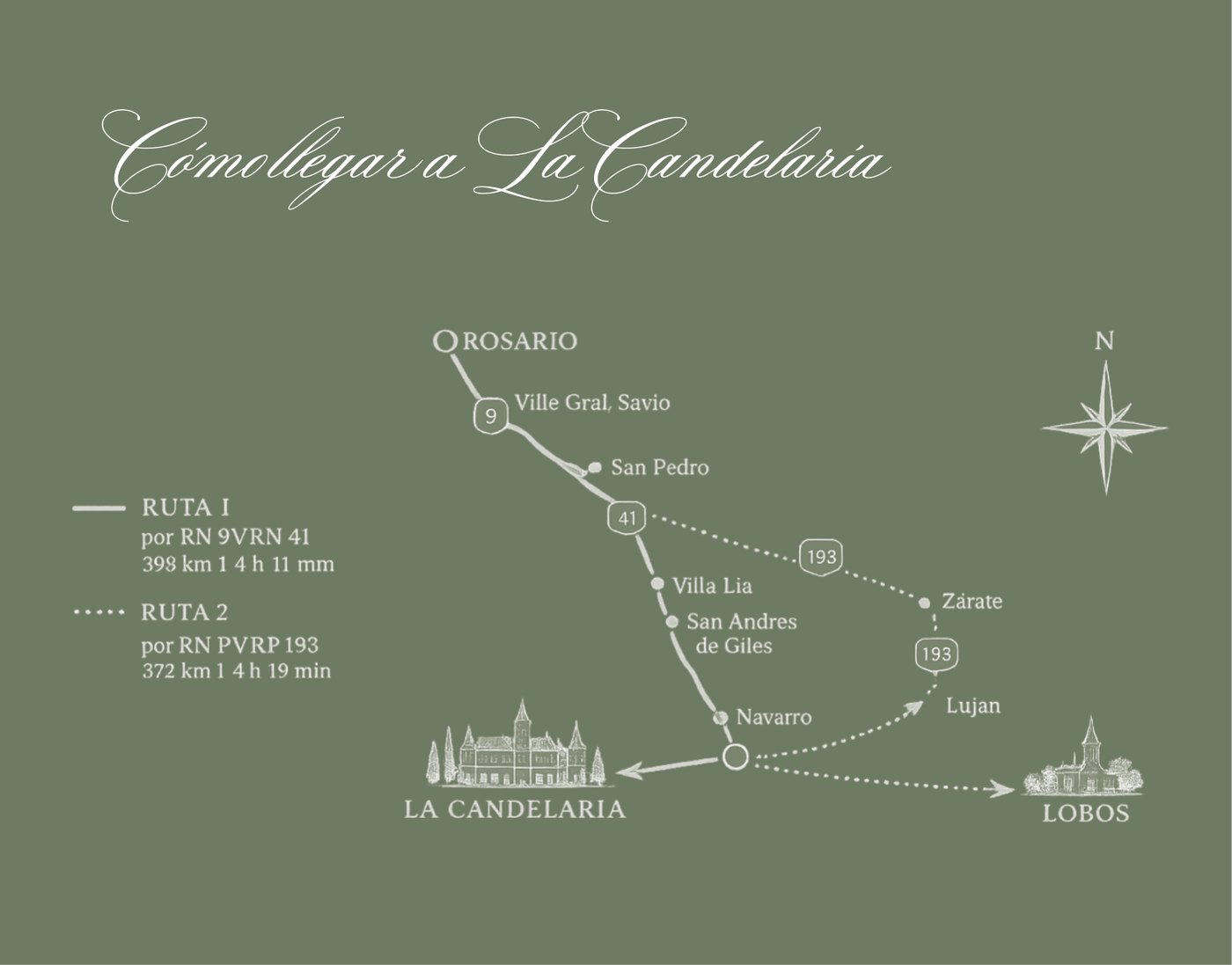 Mapa ilustrado: cómo llegar a La Candelaria desde Rosario, por ruta 9 y 41 o por 193